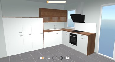 Cocina blanca con encimera de madera en forma de L