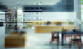 Cocina amplia, familiar, con encimera de cuarzo blanco, muebles altos de frentes en blanco, muebles bajos con frentes estratificados, imitación madera y sin tiradores. Los armarios columna, también en blanco, con los electrodomésticos incrustados ofrecen además un espacio de almacenaje extra, muy útil. El diseño integra en el mismo espacio la cocina y la sala de estar para crear un lugar cómodo y amplio con una distribución lógica y ergonómica. Un diseño que garantiza la superficie necesaria para organizar las diferentes zonas de trabajo y sala de estar y así poder disfrutar de la cocina en compañía de toda la familia. Zuordnung: Stil Cocinas modernas, Planungsart Cocinas en U