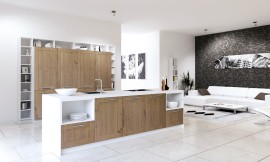 Esta cocina es una obra maestra de la más alta estética y elegancia. Los frentes están hechas de madera clara y ópticamente se enmarcan en el blanco de los costados y encimera o estantes. Zuordnung: Stil Cocinas de diseño, Planungsart Cocinas con isla