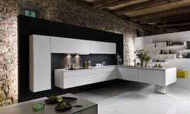 Diseño para toda la familia. Es una cocina que atrae por su diseño y conquista por su funcionalidad. Armarios flotantes ofrecen sitio suficiente para el almacenamiento y permiten la transición deseada entre área de trabajo y zona de estar. Zuordnung: Stil Cocinas de lujo, Planungsart Cocinas con isla