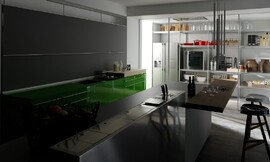 En un primer momento nos llama la atención los colores vivos que contrastan con colores neutros como el blanco y el gris, pero son los detalles los que hacen de esta cocina un lugar diferente. El panel que permite esconder los utensilios de cocina o incluso el fregadero y el escurreplatos es lo que realmente le da el carácter especial a esta cocina, que cuando no está en funcionamiento nos puede hacer olvidar que estamos en una cocina. Zuordnung: Stil Cocinas de lujo, Planungsart Cocinas americanas (abiertas)