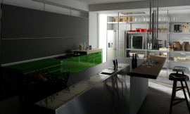 En un primer momento nos llama la atención los colores vivos que contrastan con colores neutros como el blanco y el gris, pero son los detalles los que hacen de esta cocina un lugar diferente. El panel que permite esconder los utensilios de cocina o incluso el fregadero y el escurreplatos es lo que realmente le da el carácter especial a esta cocina, que cuando no está en funcionamiento nos puede hacer olvidar que estamos en una cocina. Zuordnung: Stil Cocinas de lujo, Planungsart Cocinas americanas (abiertas)