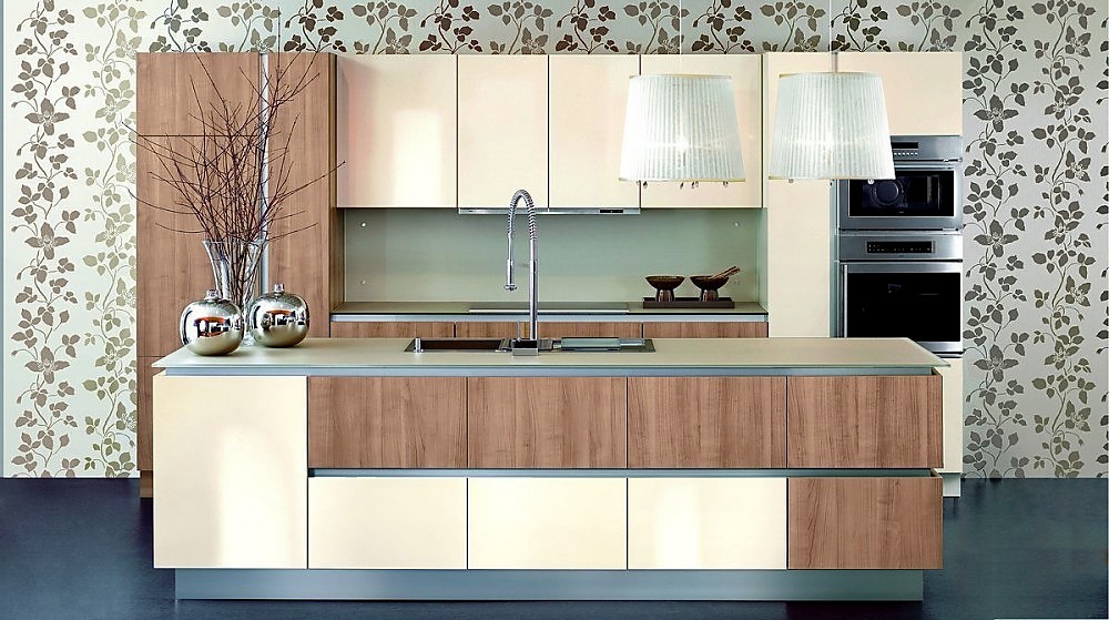 Isla de cocina en madera de cerezo y málaga alto brillo Diseño Madera cocina isla de