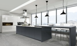 Espectáculo en alto brillo para las más altas exigencias: La isla en Carbon oscuro brilla con el blanco de los armarios altos. Además, esta cocina de diseño purista dispone de una moderna construcción de mesa. Zuordnung: Stil Cocinas de diseño, Planungsart Cocinas con isla