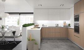 Cocina en forma de U. Con columna de electrodoméstico, respeta a la perfección las reglas del triángulo de trabajo entre el fregadero, la placa de cocina y la zona del frigorífico y despensa. Los frentes de los armarios altos en blanco igual que la encimera ayudan a crear una sensación de amplitud en la sala. Zuordnung: Stil Cocinas modernas, Planungsart Cocinas en U