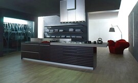 Cocina de diseno, con una isla que se prolonga como barra y con encimera de aluminio y estanterías abiertas Zuordnung: Stil Cocinas de diseño, Planungsart Cocinas en línea