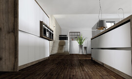 Cocinas de dos líneas como esta ofrecen ventajas prácticas, ya que la disposición de la cocina hace que los flujos de trabajo diarias en la cocina sean más fáciles. Además, esta cocina puntúa con su diseño moderno sin tiradores. Zuordnung: Stil Cocinas de diseño, Planungsart Cocinas en línea