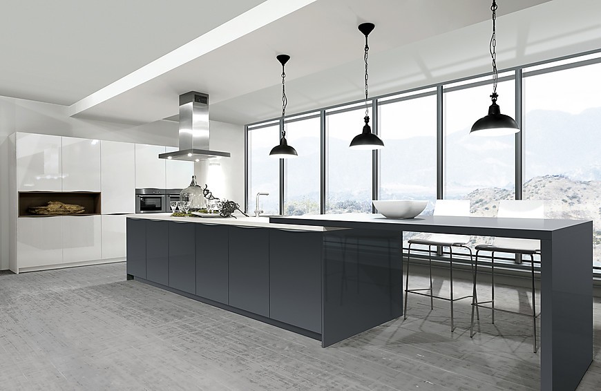 Cocina de diseño laca alto brillo blanco y Carbon (Rotpunkt Küchen)