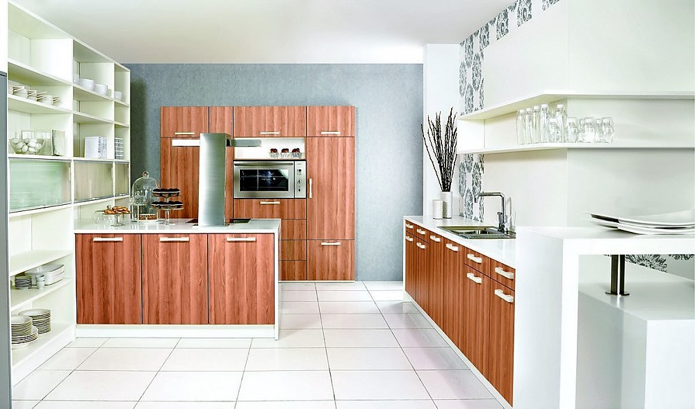 Isla de cocina blanca alto brillo y chapada de madera rosa, tipo ... Diseño Madera cocina isla de