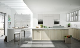 Cocina blanca con isla y barra para comer. Aprovecha el espacio para crear un ambiente de complicidad invitando a disfrutar del día a día en la cocina. Todo ello sin renunciar a las innovaciones como el equipo extractor lateral integrado en la isla. Zuordnung: Stil Cocinas rústicas, Planungsart Cocinas con isla