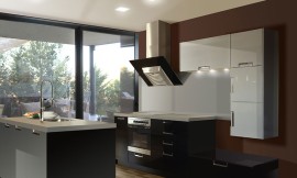 Cocina de diseño. Los muebles de diferentes tamaños se adaptan a las necesidades de espacio y funcionalidad de esta cocina. Los muebles bajos en tonos oscuros le dan un carácter muy elegante a esta cocina. La encimera y los muebles altos blancos ayudan a crear sensación de amplitud para descargar el espacio de esta cocina abierta con isla de trabajo en el centro. Zuordnung: Stil Cocinas de diseño, Planungsart Cocinas americanas (abiertas)