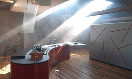 Cocina colocada en el centro de la habitación con acceso desde todos los lados, aparte de su localización destacan sus esquinas redondeadas y la campana de diseño que hacen que el conjunto de los muebles brille con luz propia Zuordnung: Stil Cocinas modernas, Planungsart Cocinas con isla