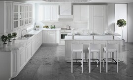 VENECIA Frentes lacados alto brillo con encimera de mármol de Carrara. Zuordnung: Stil Cocinas rústicas, Planungsart Cocinas en L