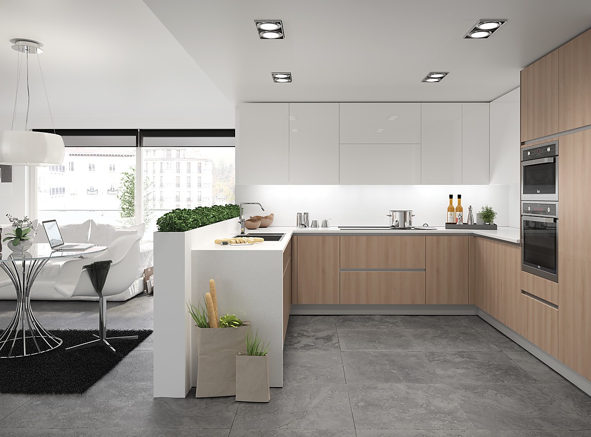 Cocina en forma de U. Con columna de electrodoméstico, respeta a la perfección las reglas del triángulo de trabajo entre el fregadero, la placa de cocina y la zona del frigorífico y despensa. Los frentes de los armarios altos en blanco igual que la encimera ayudan a crear una sensación de amplitud en la sala. Zuordnung: Stil Cocinas modernas, Planungsart Cocinas en U