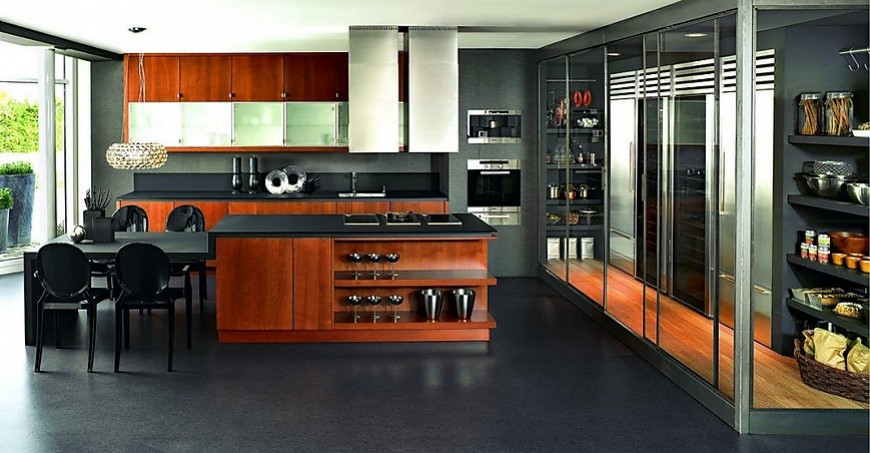 Isla de cocina en madera de cerezo y gris oscuro
