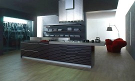Cocina de diseno, con una isla que se prolonga como barra y con encimera de aluminio y estanterías abiertas Zuordnung: Stil Cocinas de lujo, Planungsart Cocinas con isla